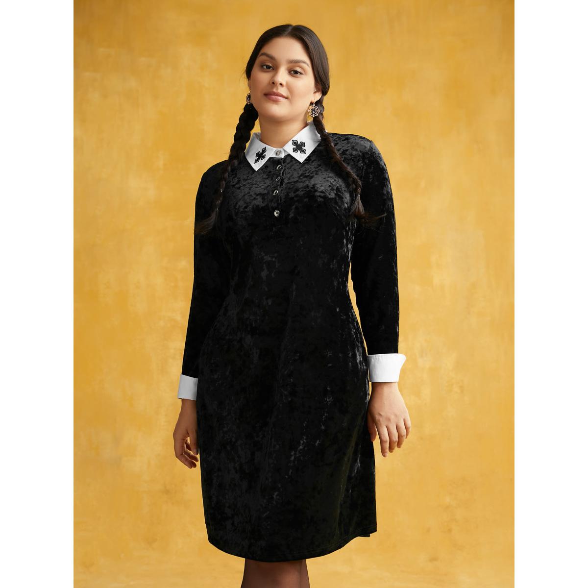 Plus Size Stretch Velvet Collared Midi Dress Black Women Cocktail Texture Party Curvy Bloomchic 10/M Product Image