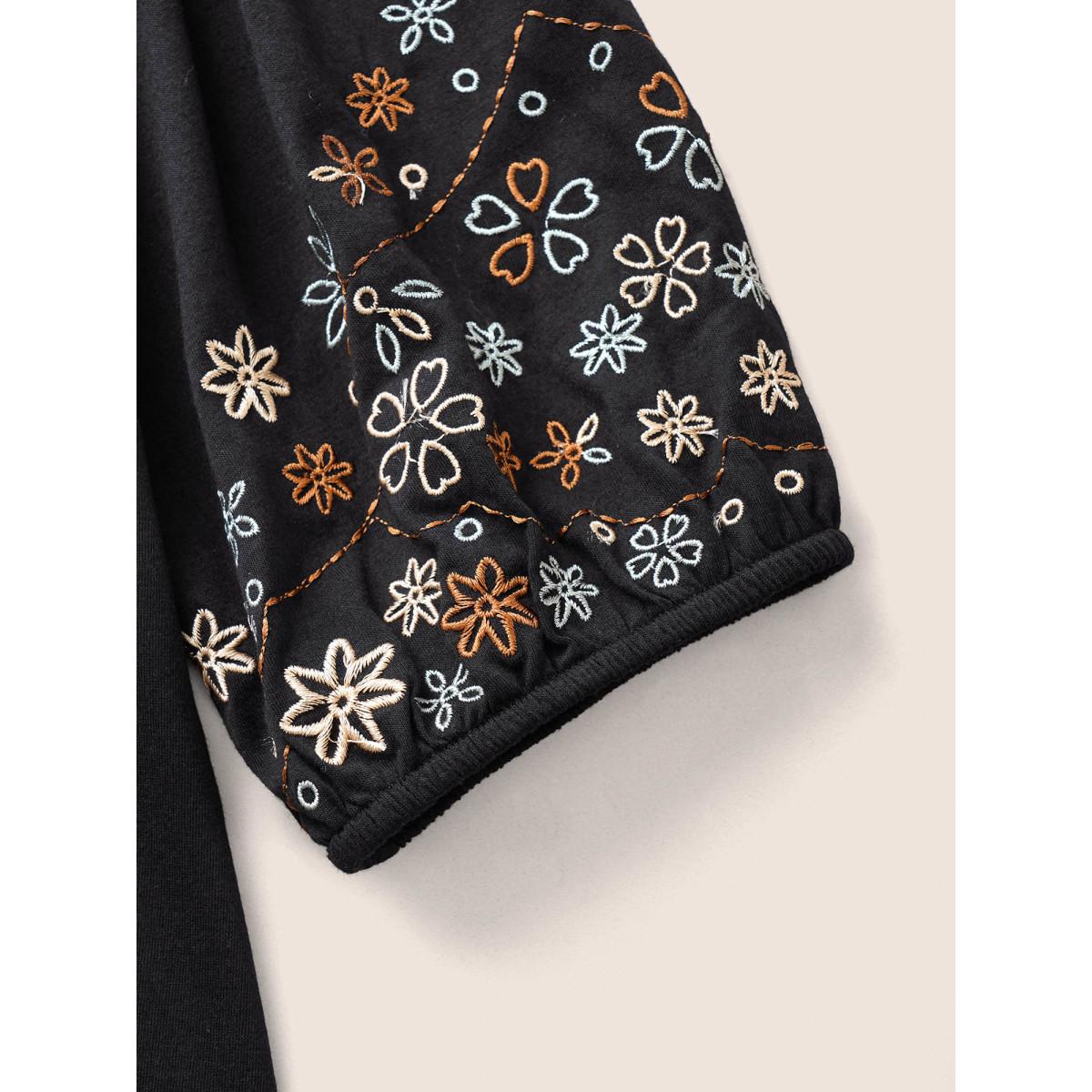 Plus Size Floral Embroidered Crew Neck Puff Sleeve T-shirt Black Women Elegant Embroidered Round Neck Everyday T-shirts BloomChic 18-20/2X Product Image