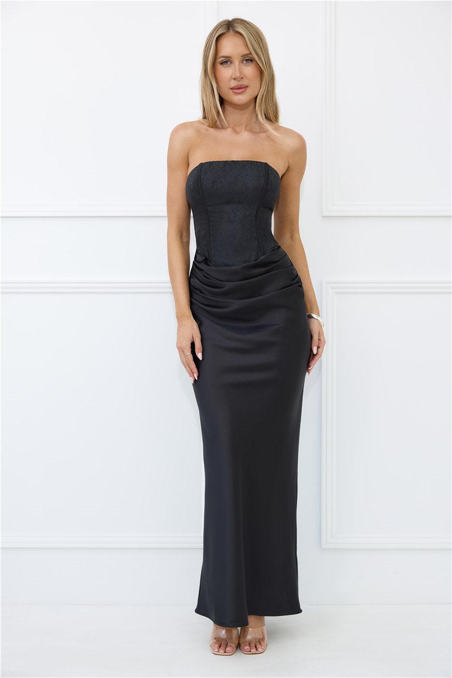 Dressed To Dazzle Strapless Satin Maxi Dress Black Product Image