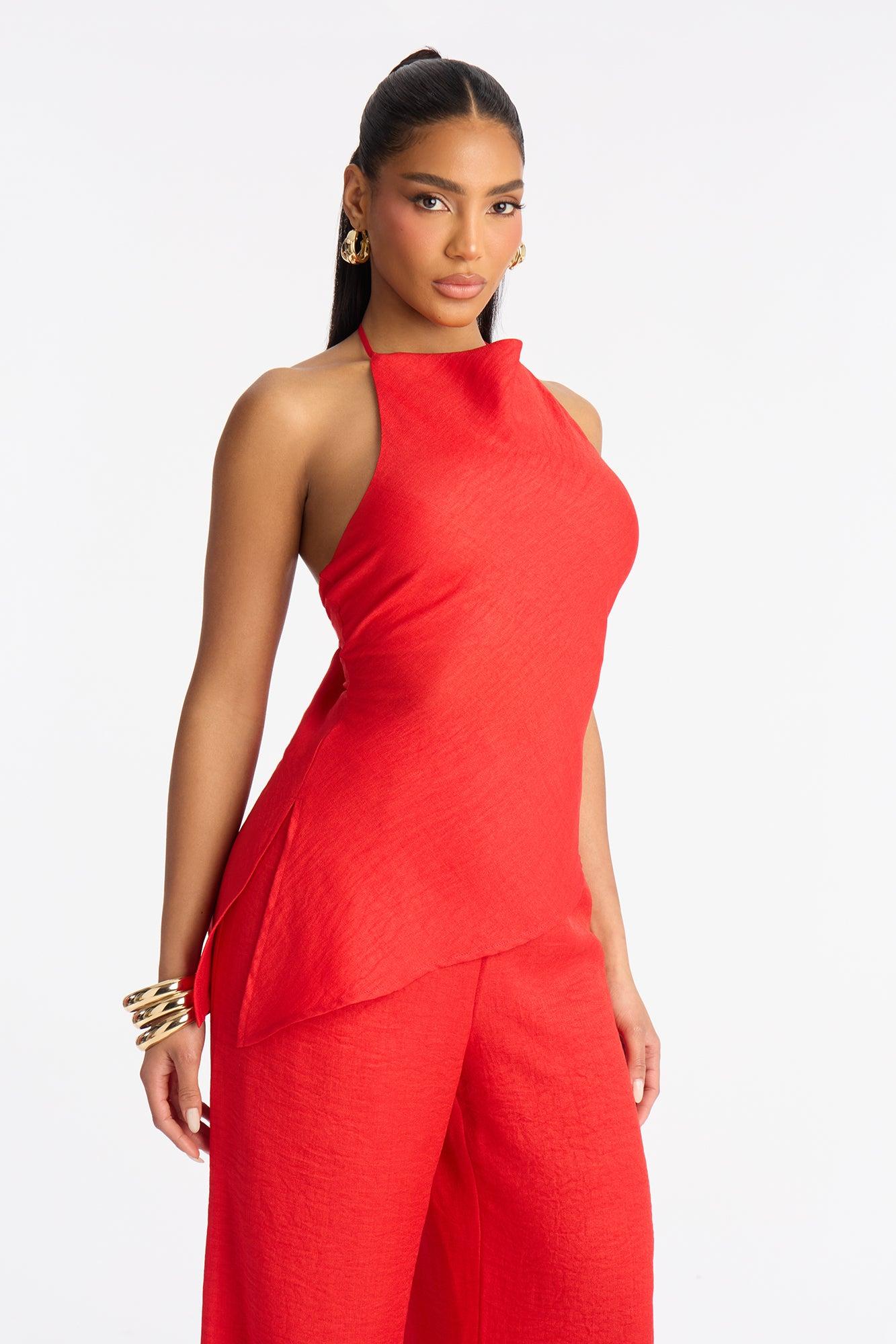 Irene Halter Asymmetrical Pant Set - Red Female Product Image