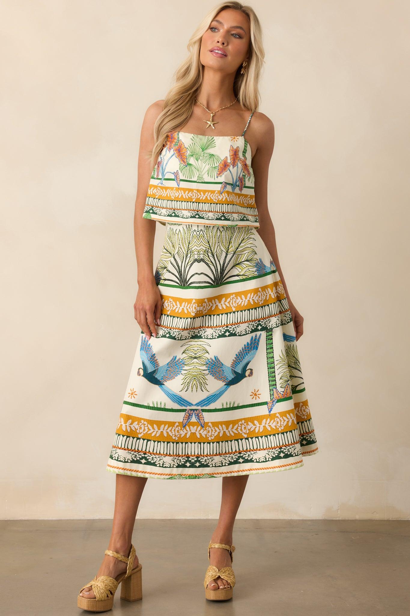 Aylaya Amazon Ivory Tropical Print Cotton Midi Skirt Product Image