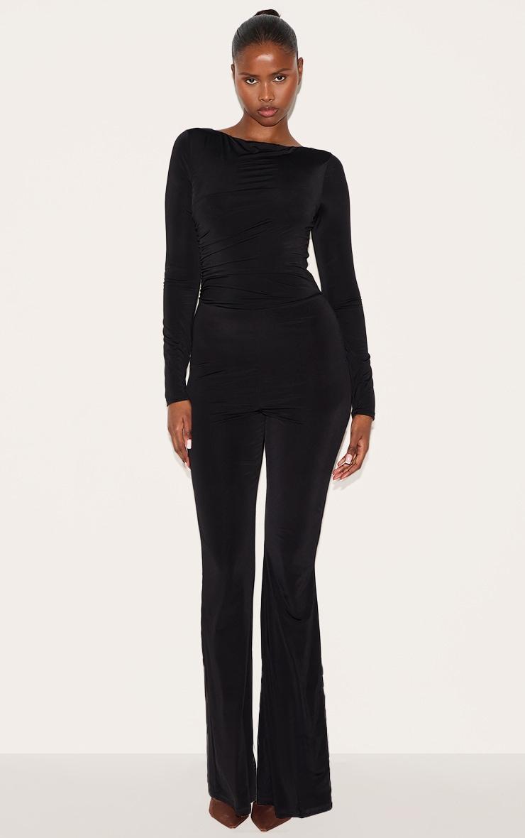 Black Double Layer Slinky Gathered Long Sleeve Wide Leg Jumpsuit Product Image