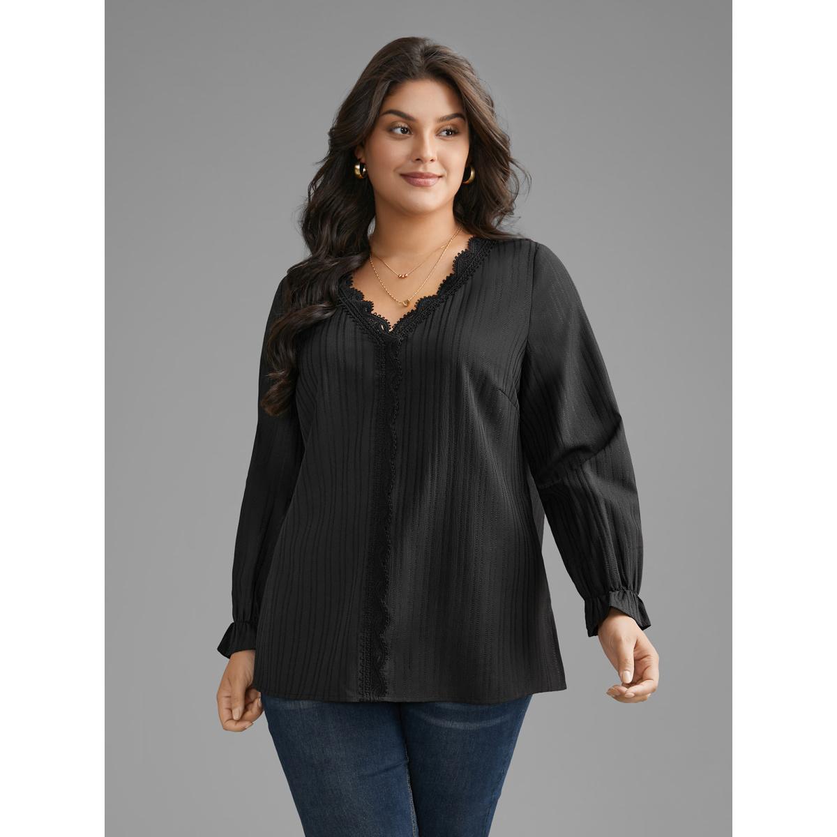 Plus Size Black Textured Lace Patchwork Pleated Blouse Women Elegant Long Sleeve V-neck Everyday Blouses BloomChic 30/6X Product Image