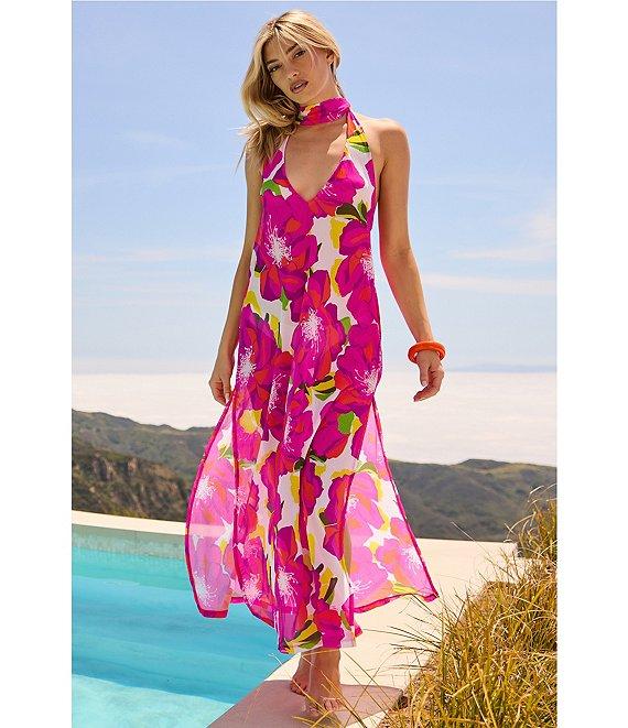 Trina Turk Bloom Mesh Halter Neck Maxi Dress Swim Cover-Up Product Image