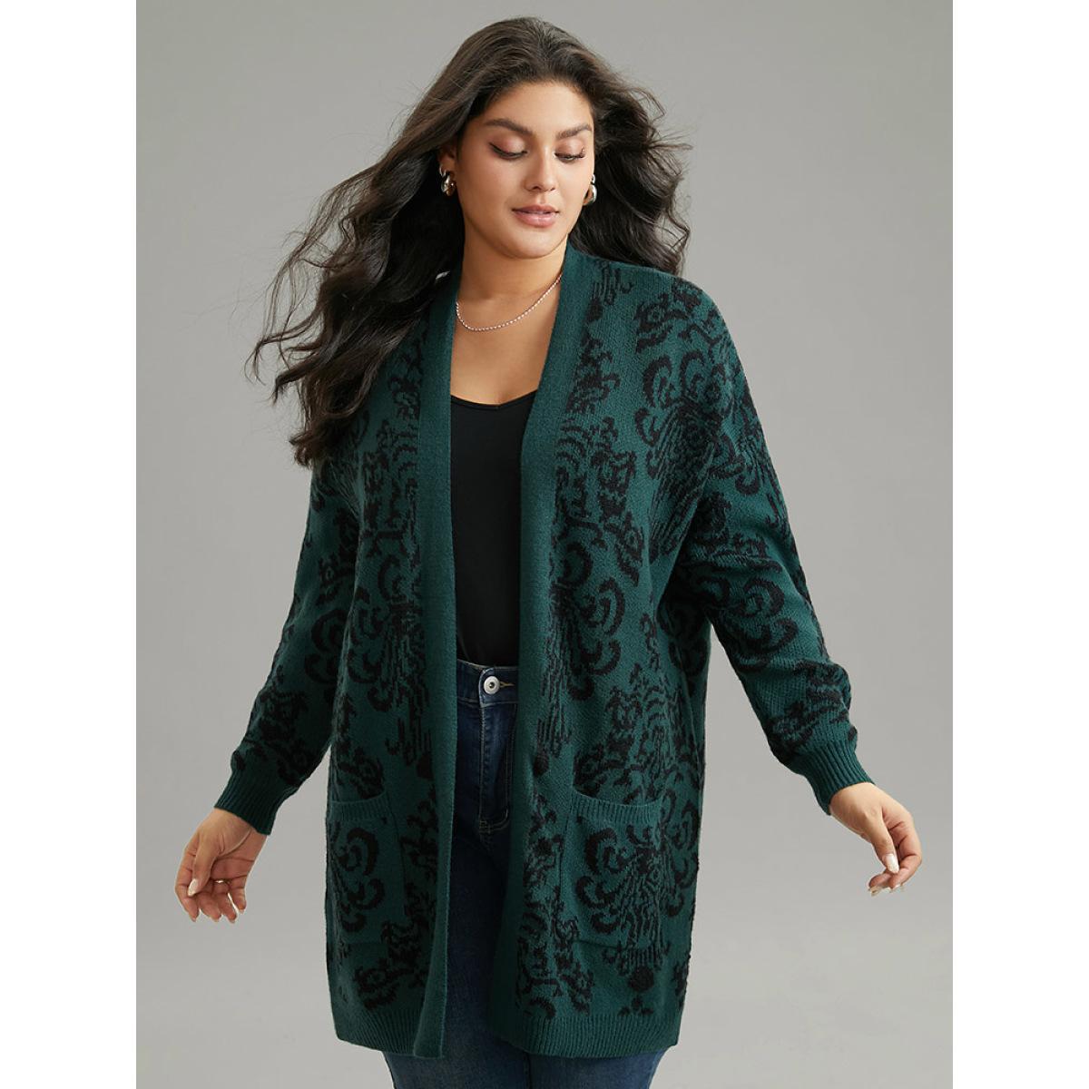 Plus Size Supersoft Essentials Floral Pocket Contrast Cardigan DarkGreen Women Casual Loose Long Sleeve Dailywear Cardigans BloomChic 30/6X Product Image