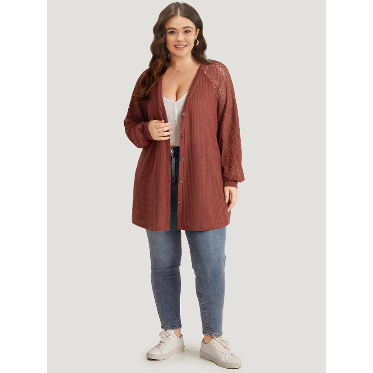 Plus Size Solid Button Through Pocket Mesh Raglan Sleeve Kimono Women Rust Casual See through Loose Pocket Dailywear Kimonos BloomChic 30/6X Product Image