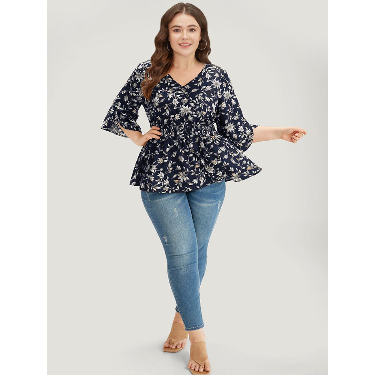 Plus Size Indigo Floral Print Shirred Button Detail V Neck Petal Sleeve Blouse Women Vacation Half Sleeve V-neck Dailywear Blouses BloomChic 26/4X Product Image