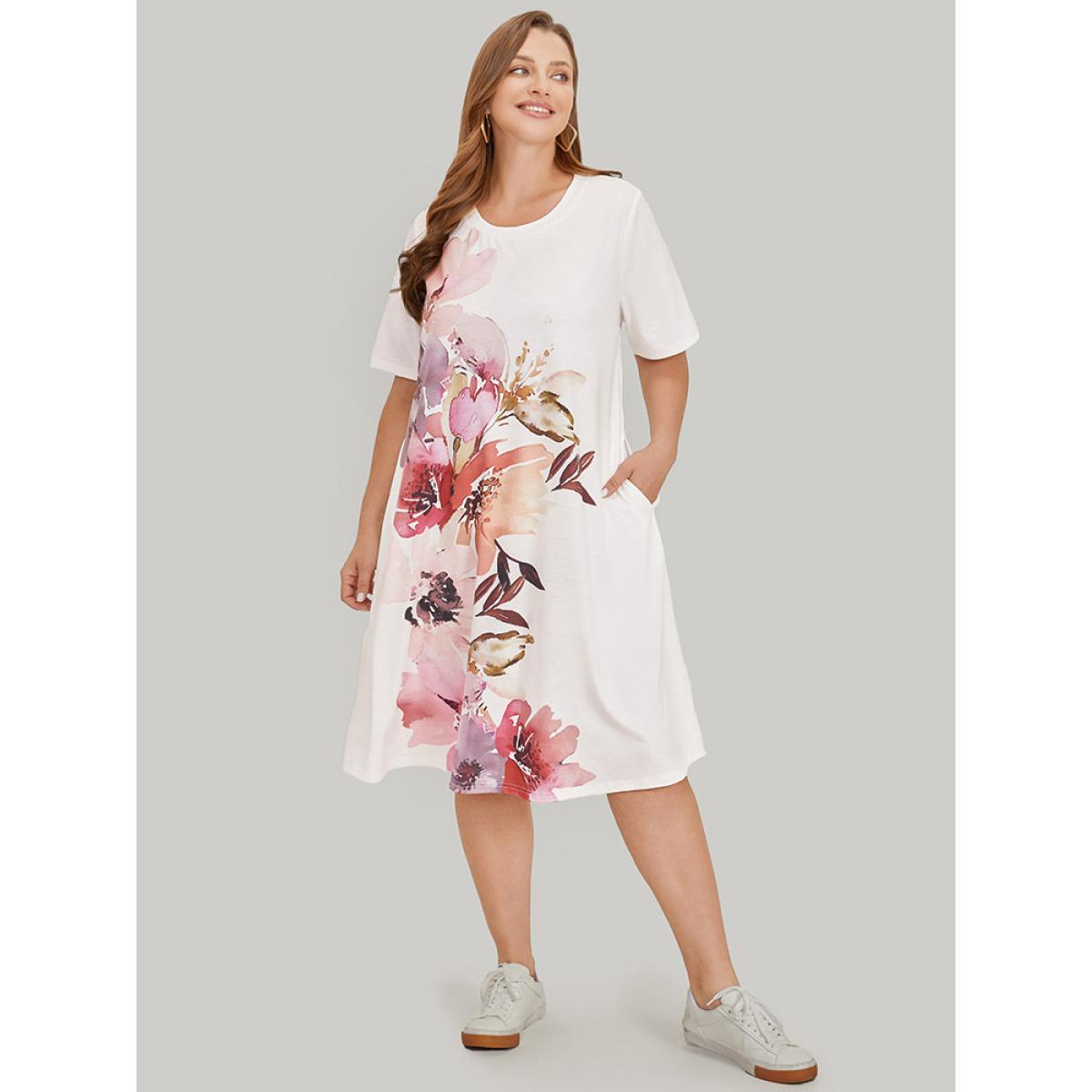 Plus Size Floral Print Pocket Contrast Midi Dress White Women Casual Pocket Round Neck Short sleeve Curvy Midi Dress BloomChic 12/L Product Image