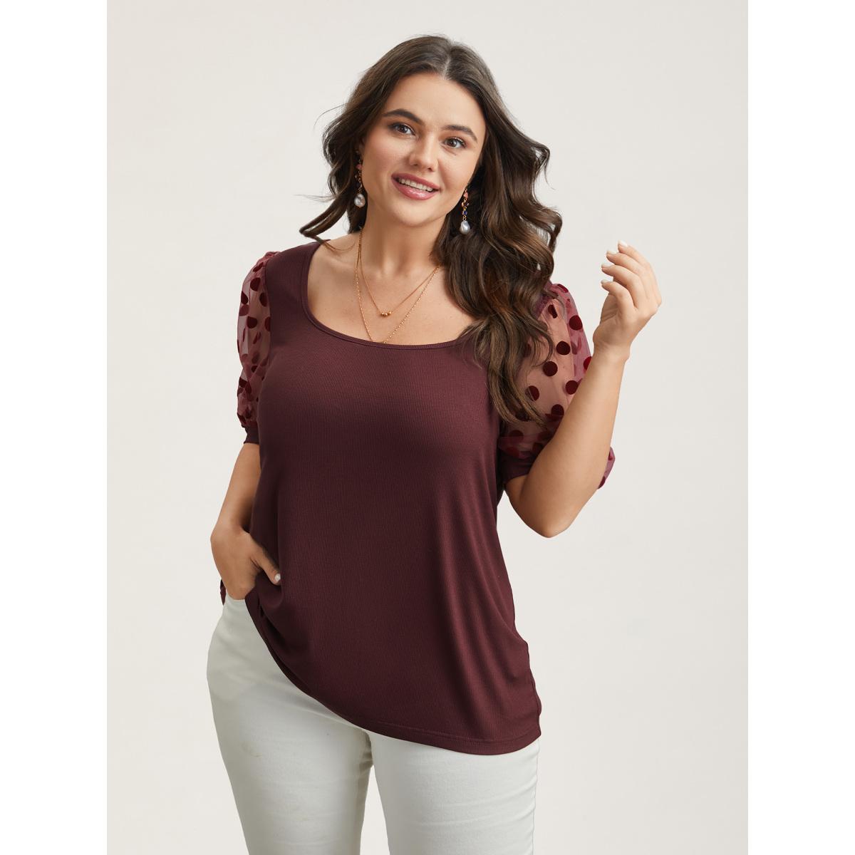 Plus Size Polka Dot Sheer Sleeve Square Neck T-Shirt Burgundy Women Elegant Texture Square Neck Bodycon Everyday T-shirts BloomChic 10/M Product Image