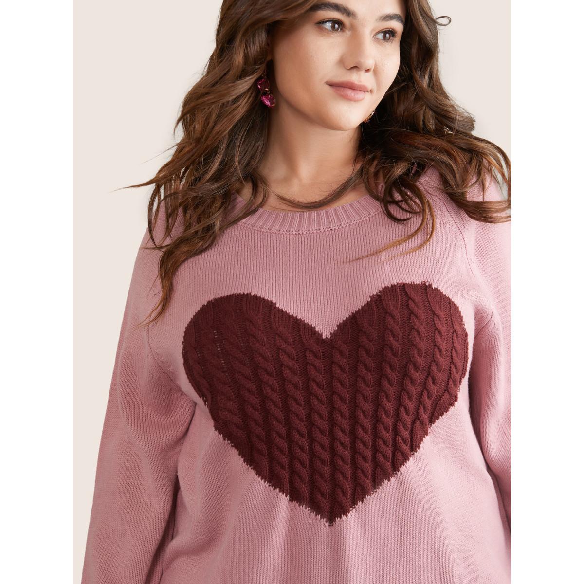 Plus Size Heart Cable Knit Two Tone Raglan Sleeve Pullover DustyPink Women Casual Long Sleeve Round Neck Everyday Pullovers BloomChic 26/4X Product Image