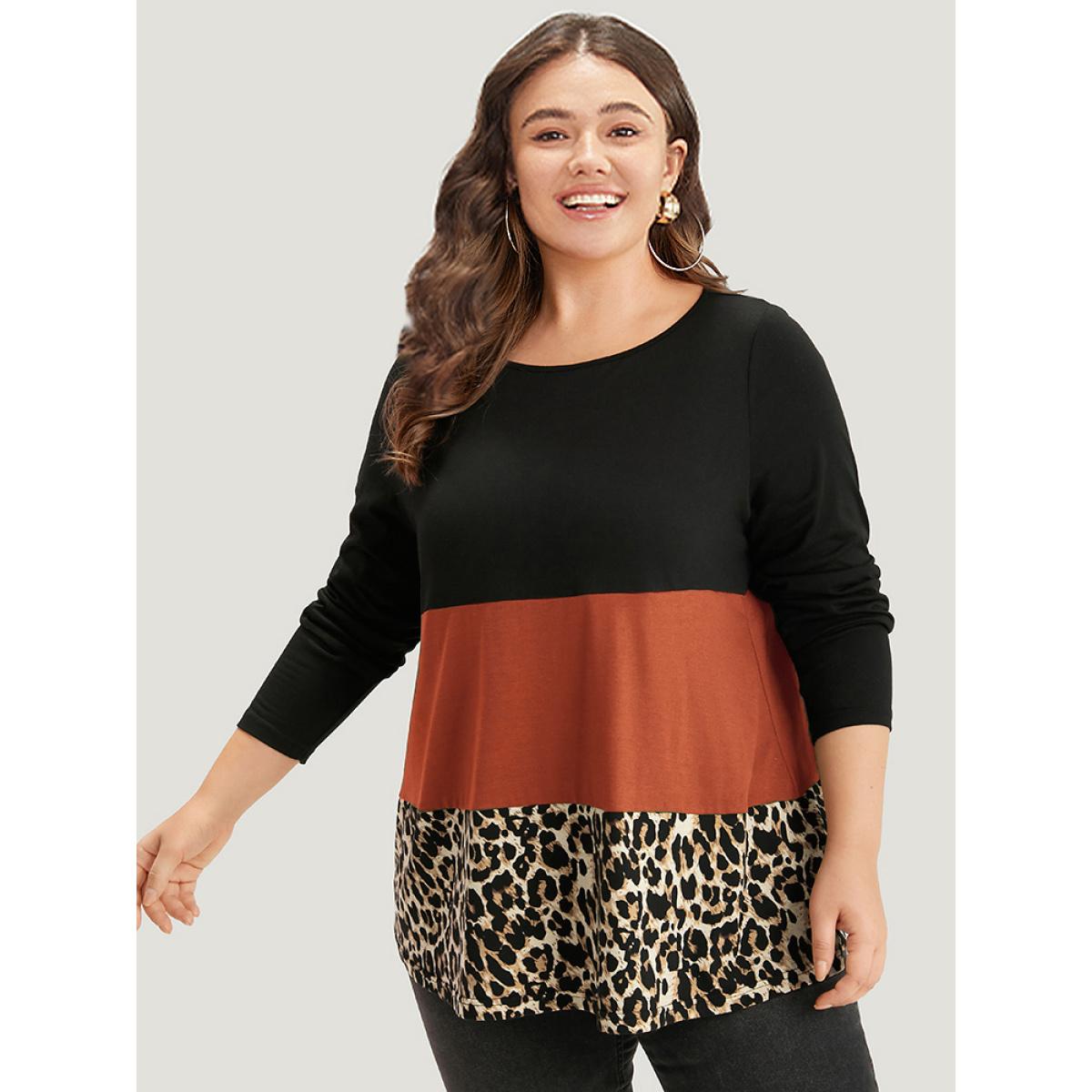Plus Size Colorblock Leopard Contrast Round Neck T-shirt Chocolate Women Casual Contrast Leopard Round Neck Everyday T-shirts BloomChic 18-20/2X Product Image