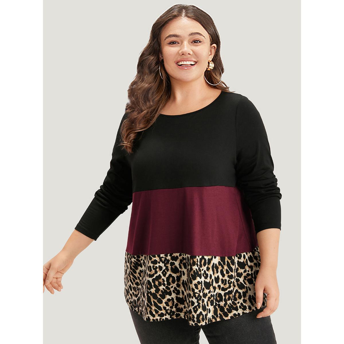 Plus Size Colorblock Leopard Contrast Round Neck T-shirt Red Women Casual Contrast Leopard Round Neck Everyday T-shirts BloomChic 14-16/1X Product Image