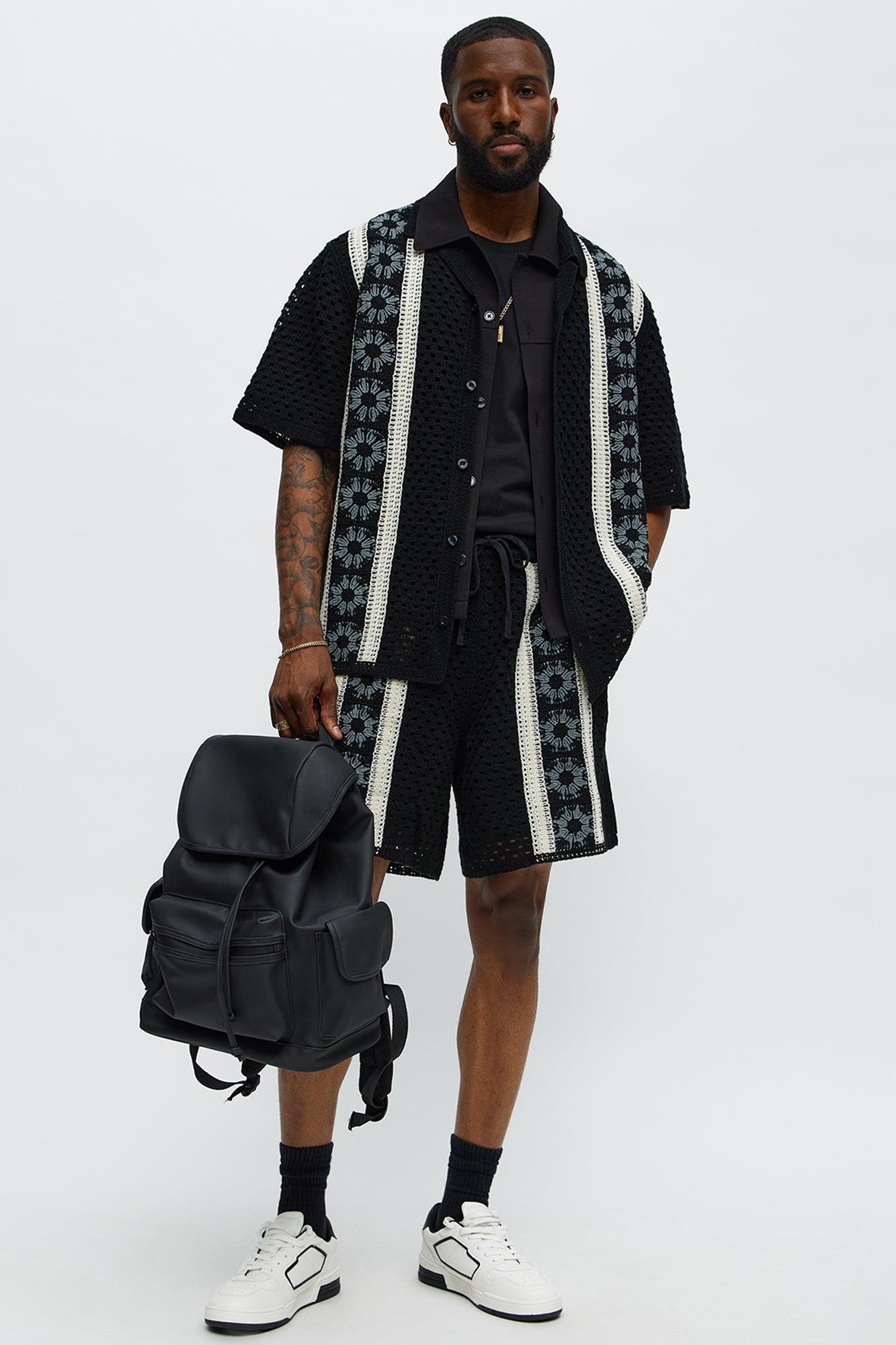 Crochet Panel Cuban Collar Button Up Shirt - Black/combo Male Product Image