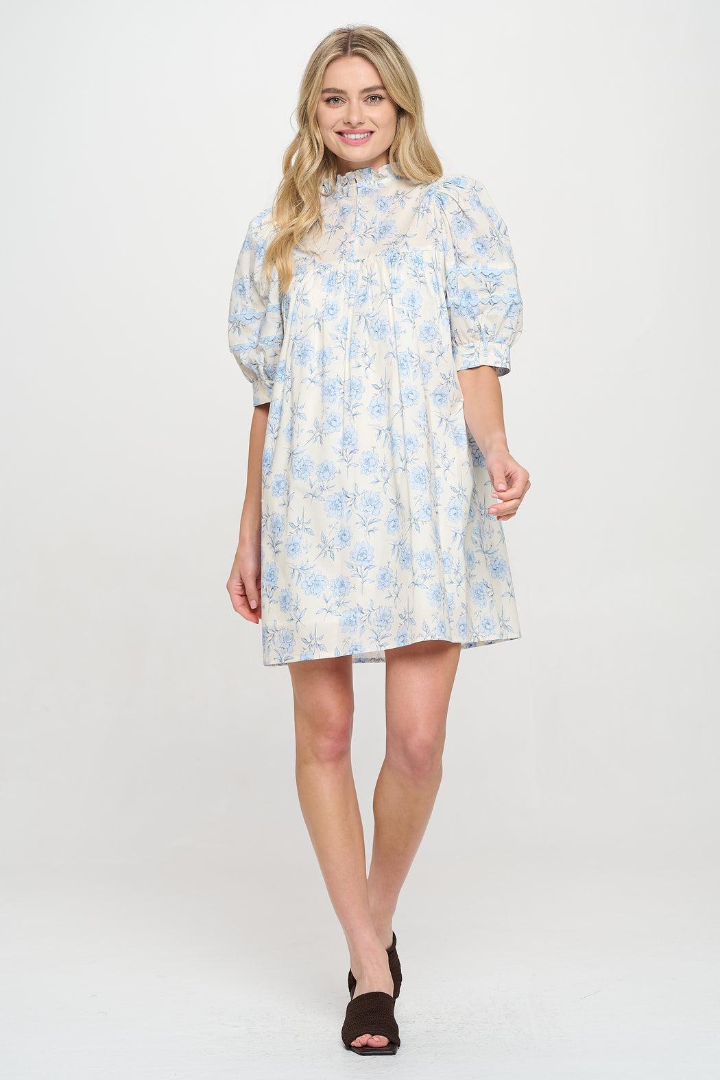 Azure Floral Short Sleeve Dress Product Image