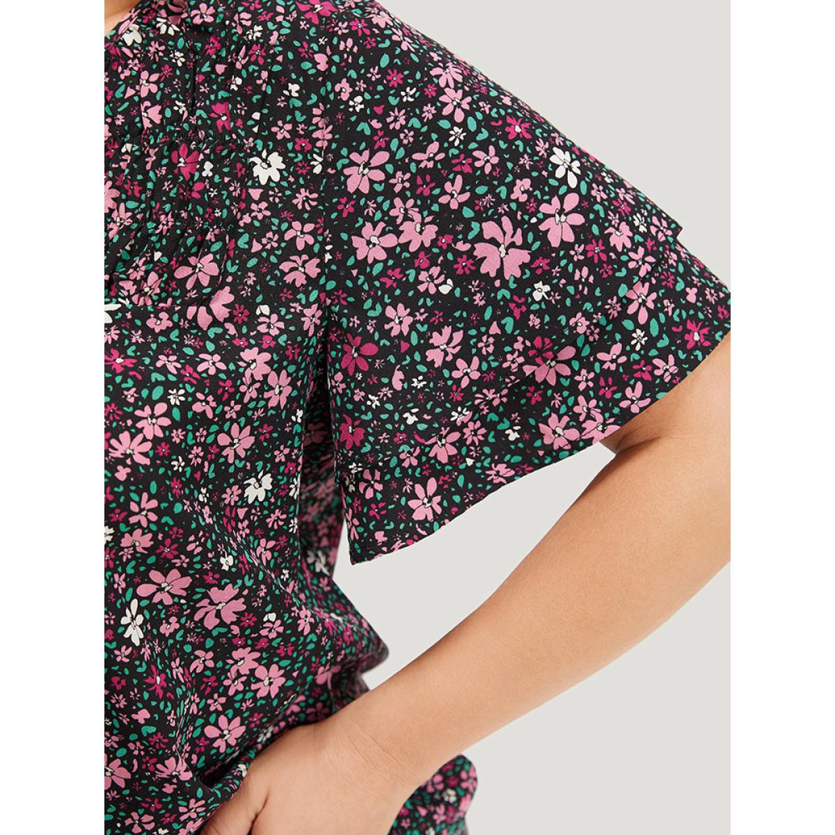 Plus Size BlackFlower Ditsy Floral Knot Neck Flutter Sleeve Layered Blouse Women Elegant Short sleeve Tie Neck Dailywear Blouses BloomChic 10/M Product Image