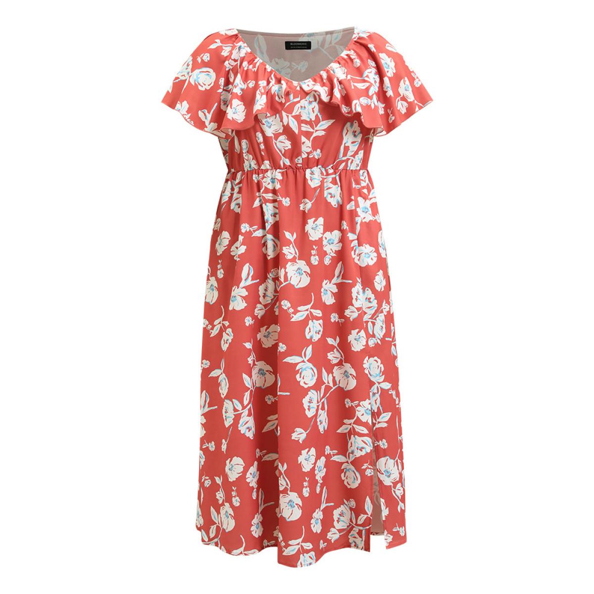 Plus Size Floral Printed Ruffle Trim Pocket V Neck Split Hem Dress Coral Women Elegant Elastic Waist V-neck Sleeveless Curvy Midi Dress BloomChic 28/5X Product Image