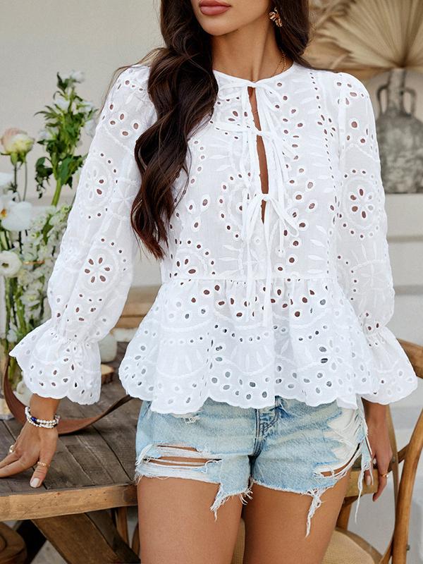 Long Sleeves Loose Elasticity Hollow Pleated Solid Color Tied Round-Neck Blouses&Shirts Tops Product Image