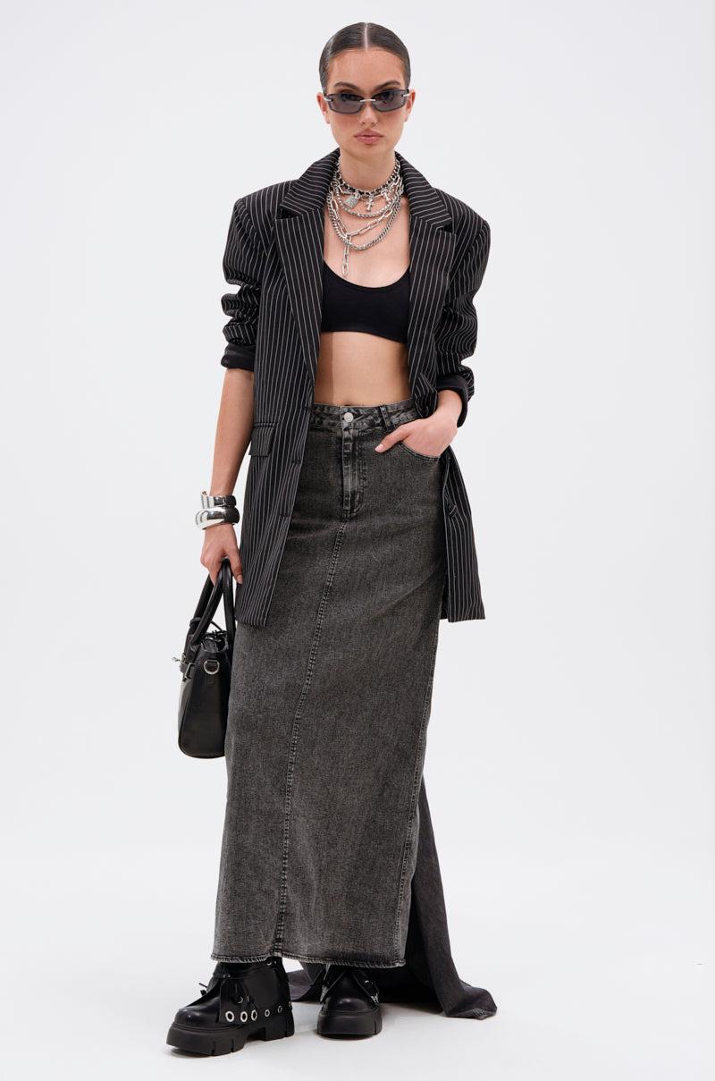 OH THE DRAMA DENIM MAXI SKIRT WITH TRAIN IN GREY Product Image