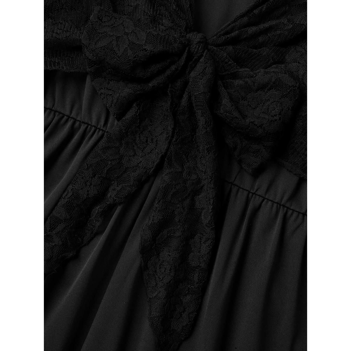 Plus Size Black Front-Tie Sheer Lace Sleeve Jumpsuit Women Elegant Short sleeve Asymmetrical Neck Everyday-Elegant Loose Jumpsuits BloomChic 14-16/1X Product Image