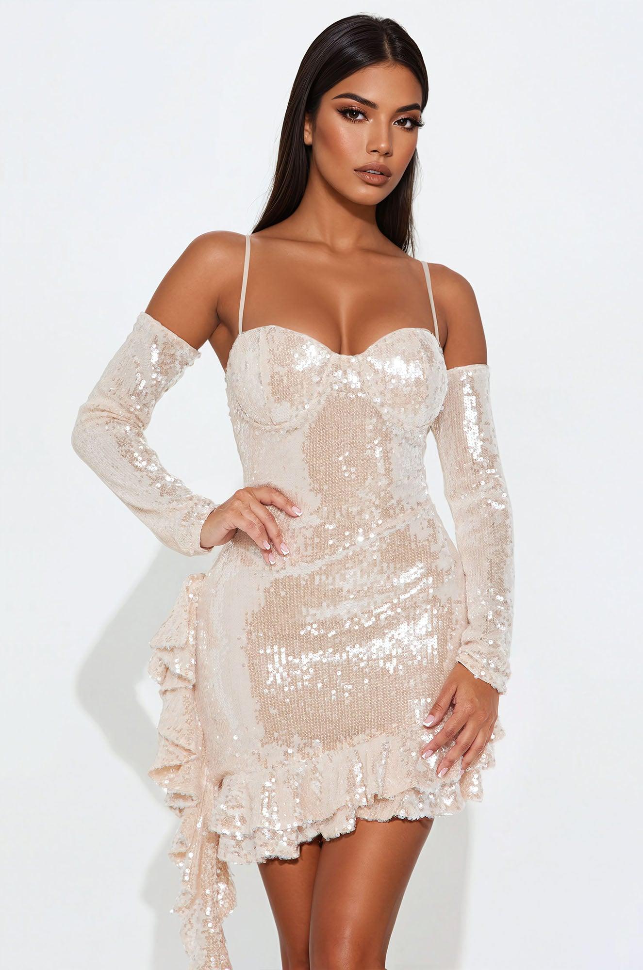 Shine On My Own Glove Sequin Mini Dress - Beige Product Image
