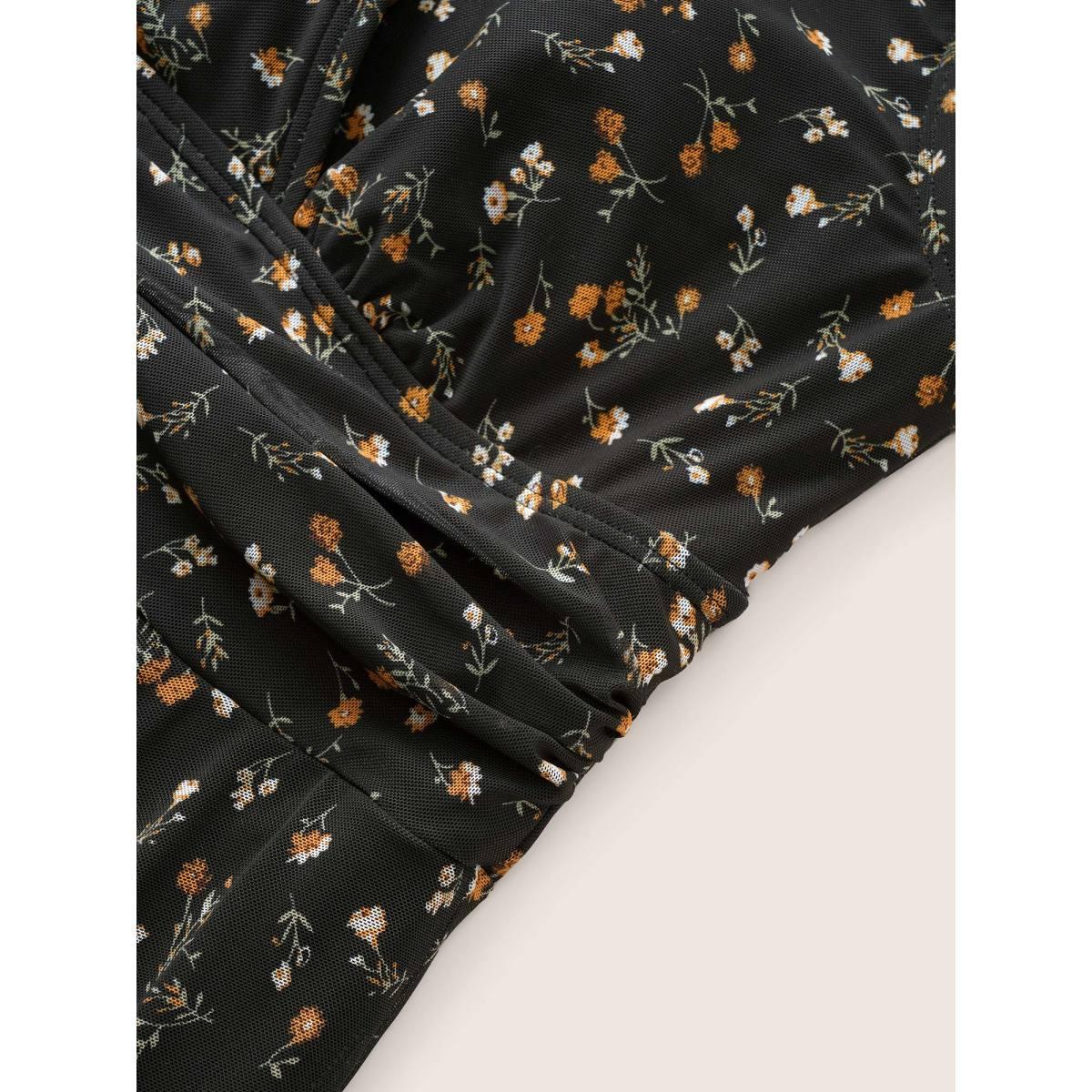 Plus Size Ditsy Floral Mesh Drawstring Swim Dress Women's Swimwear Black Beach Bodycon V-neck High stretch Curve Swim Dresses BloomChic 22-24/3X Product Image