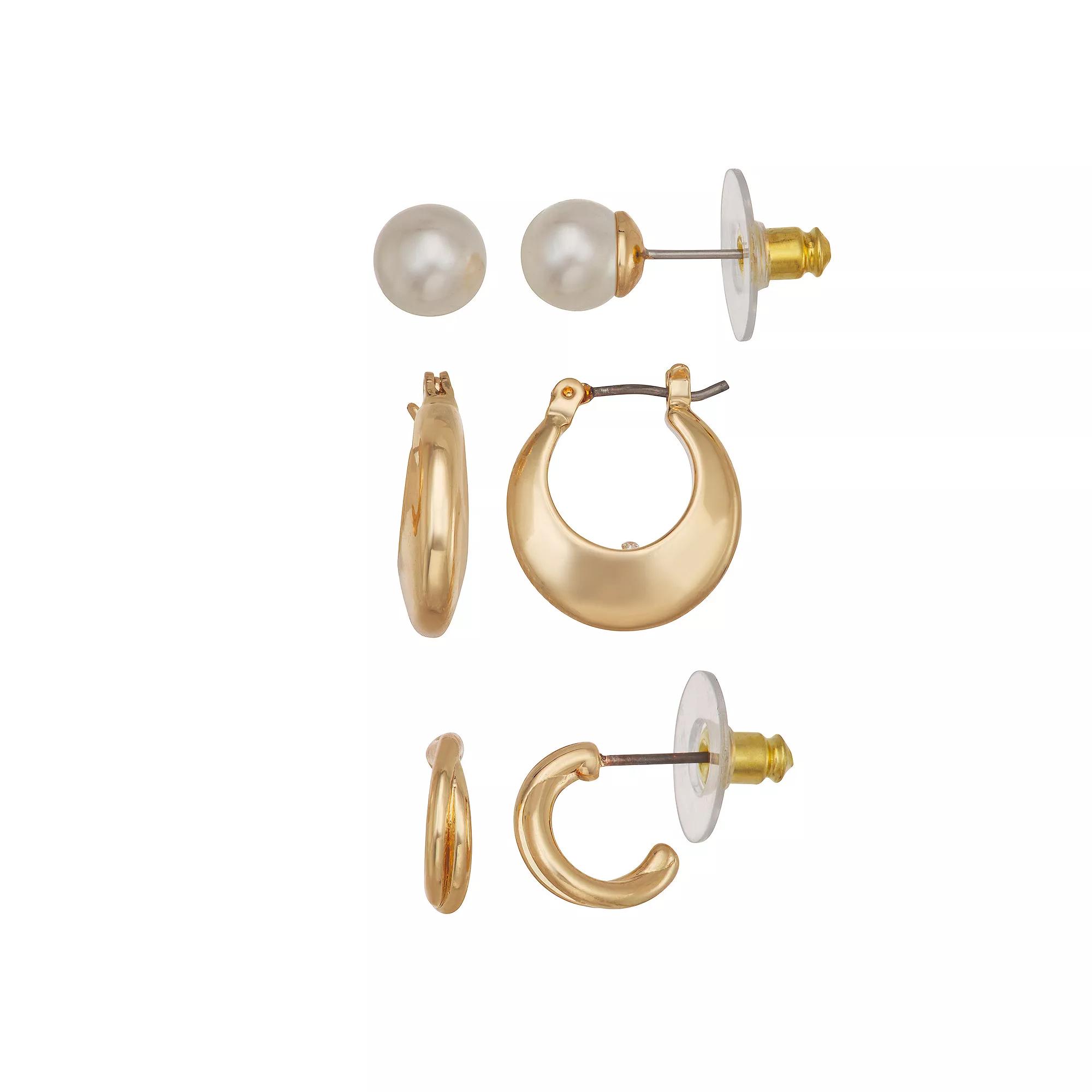 Napier Gold Tone Stud & Huggie Earring Trio Set, Women's, White Product Image