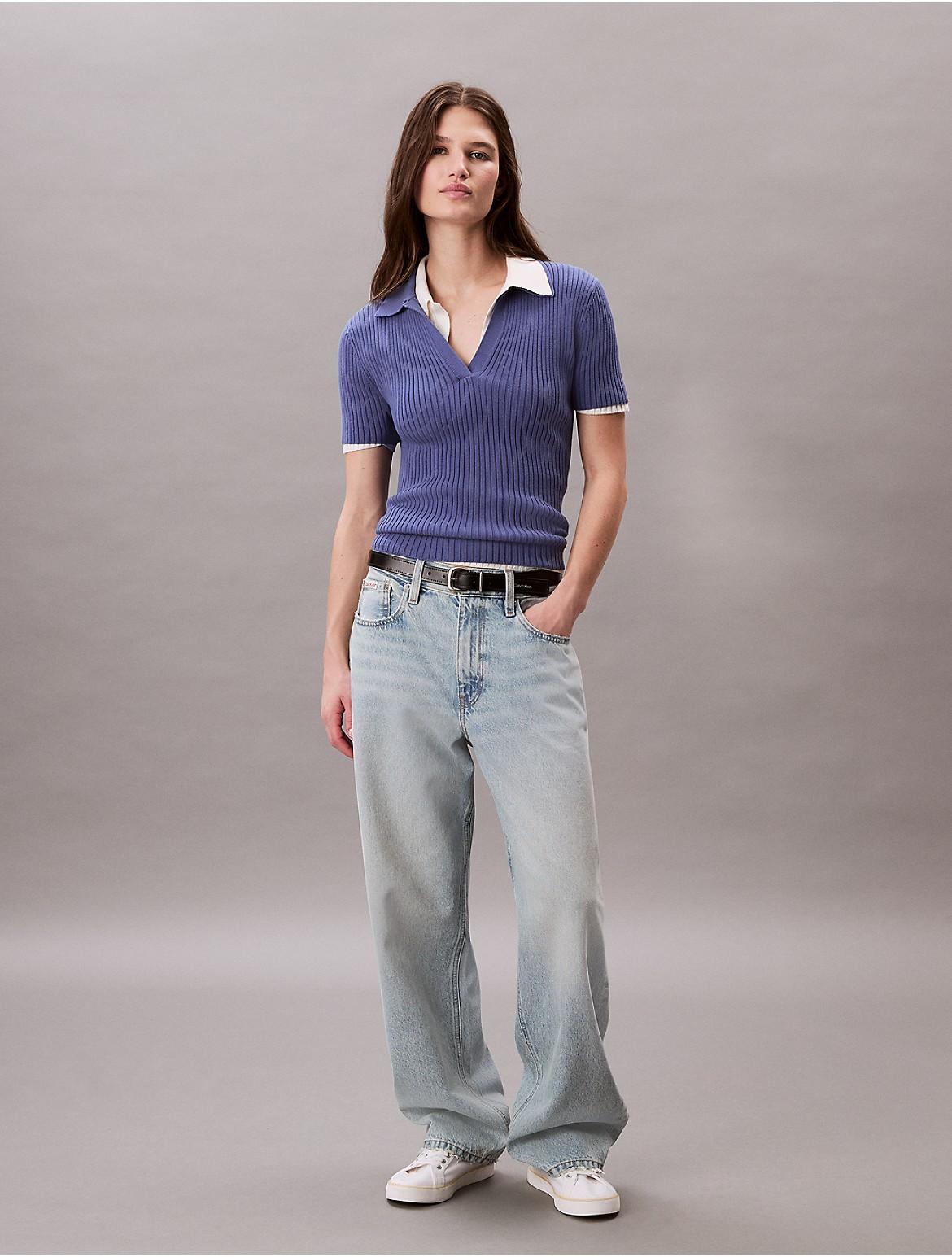 Calvin Klein Women's Smooth Cotton Rib Sweater Polo Shirt - Purple - M Product Image