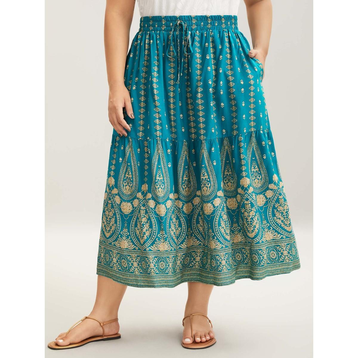 Plus Size Boho Geometric Print Tiered Maxi Skirt Women Turquoise Elegant Drawstring Bodycon Low stretch Slanted pocket Everyday-Elegant Skirts BloomChic 26/4X Product Image