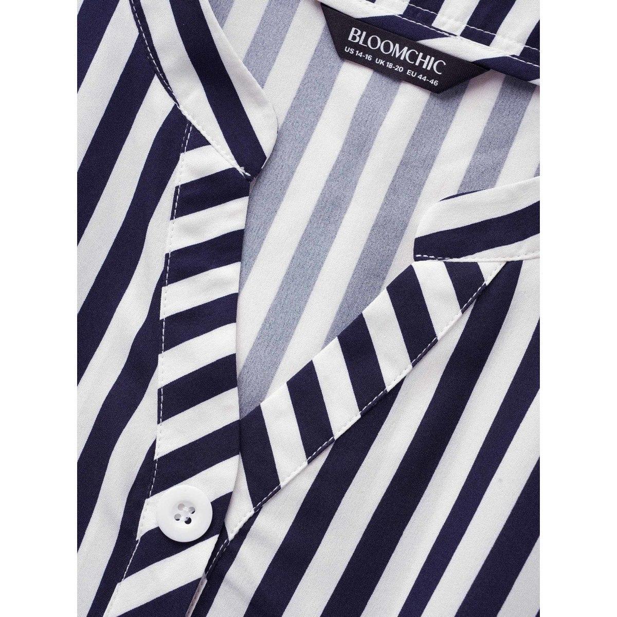 Plus Size Striped Notched Button Detail Midi Dress Navy Women At the Office Button Flat collar with V-notch Half Sleeve Curvy BloomChic 22-24/3X Product Image