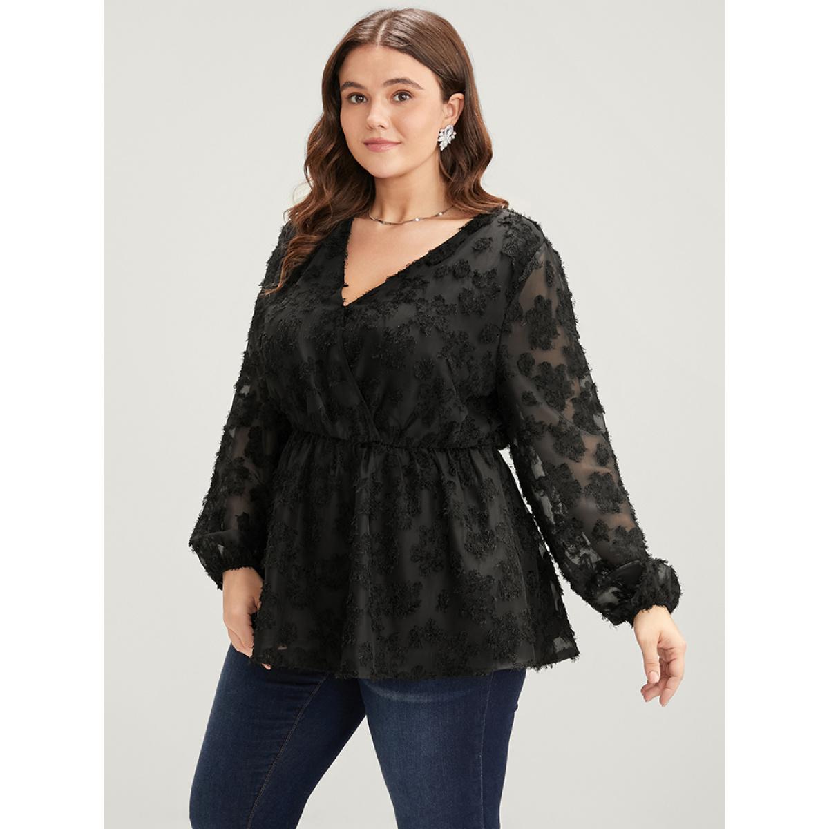 Plus Size Black Floral Mesh Lantern Sleeve Surplice Neck Fuzzy Blouse Women Glamour Long Sleeve V-neck Going out Blouses BloomChic 22-24/3X Product Image