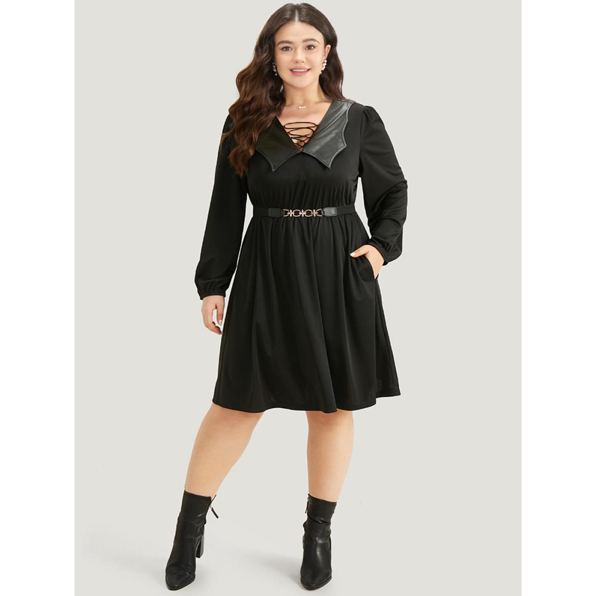 Plus Size Halloween Plain PU Crisscross Patchwork Pocket Dress Black Women Elegant Elastic cuffs V-neck Long Sleeve Curvy Knee Dress BloomChic 12/L Product Image