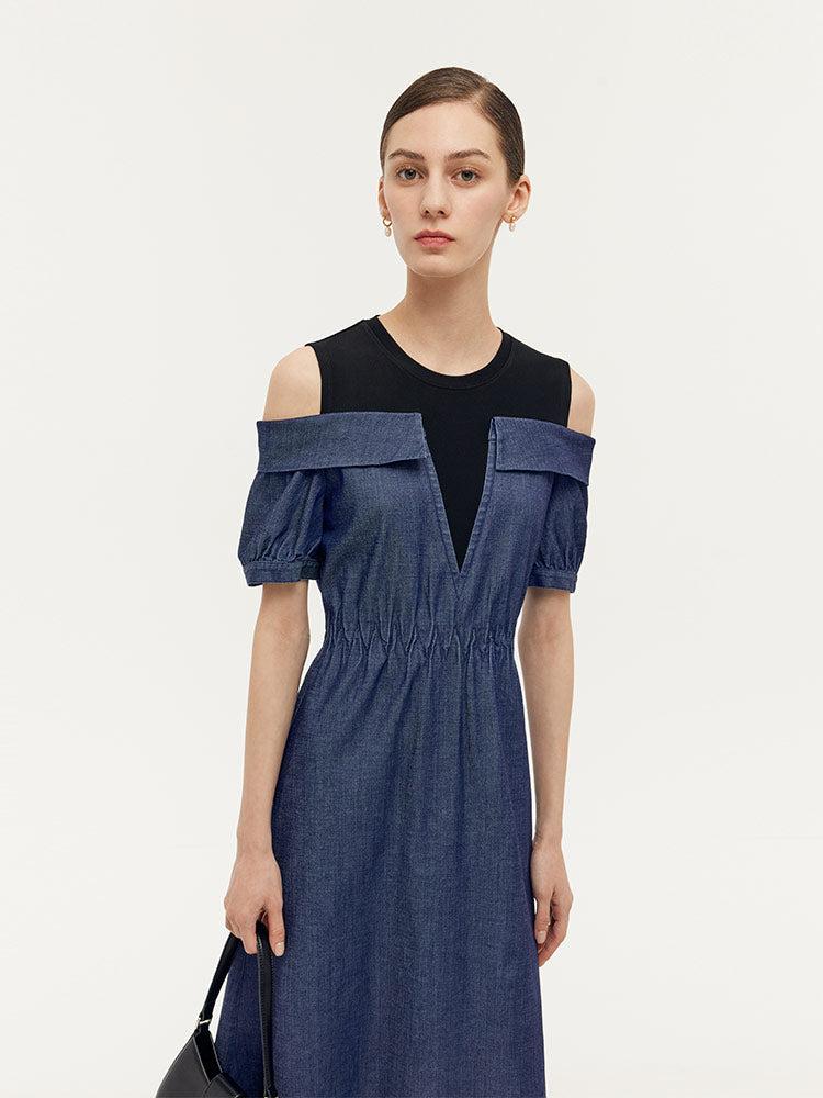 Denim Lyocell Cold Shoulder Patchwork Women Midi Dress Product Image