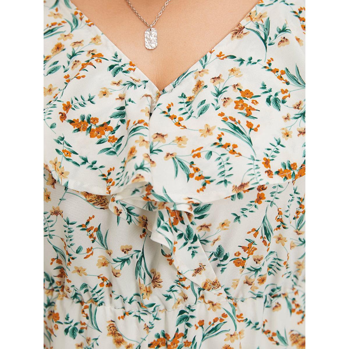 Plus Size White Ditsy Floral Ruffle Trim Pocket Wrap Cami Jumpsuit Women Elegant Sleeveless Spaghetti Strap Dailywear Loose Jumpsuits BloomChic 18-20/2X Product Image