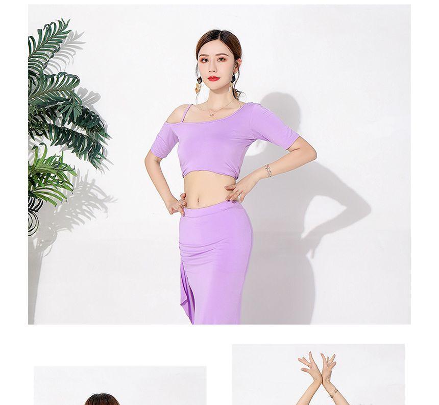 Set: Short-Sleeve Cold-Shoulder Plain Crop Dance Top + Mid Rise Asymmetrical Slit Maxi Pencil Skirt Product Image
