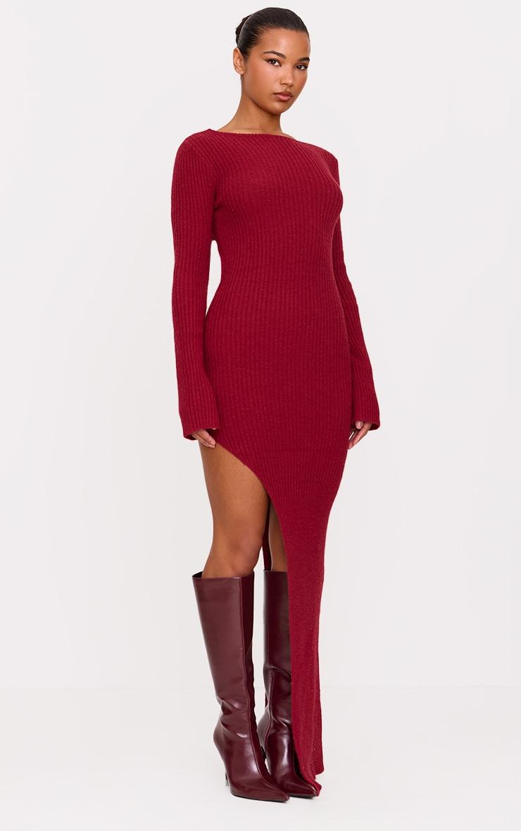 Burgundy Rib Knit Low Back Long Sleeve Maxi Dress Product Image