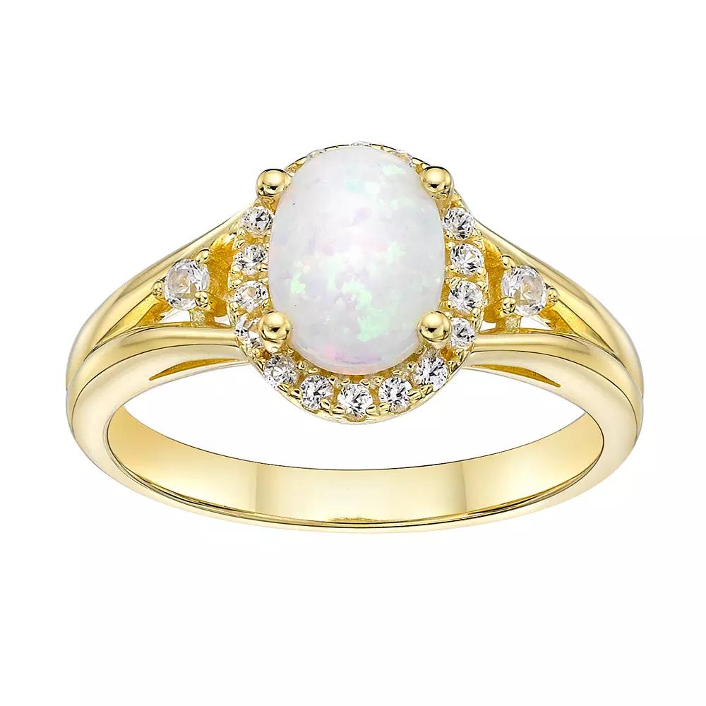 Gemminded 18k Gold Over Silver Lab-Created Opal & Lab-Created White Sapphire Halo Ring, Women's, Size: 7, 18k Gold Plated Product Image