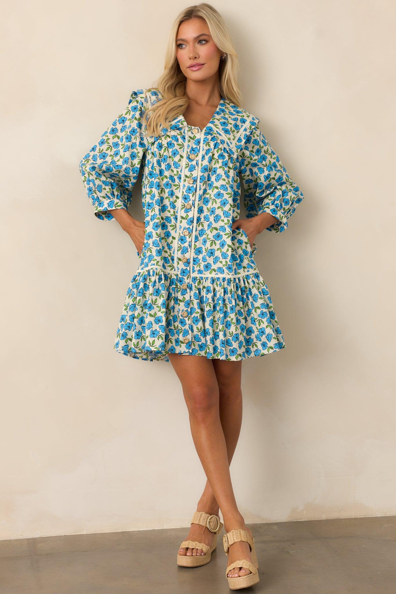 Butterfly Garden Blue Cotton Button Front Mini Dress Product Image