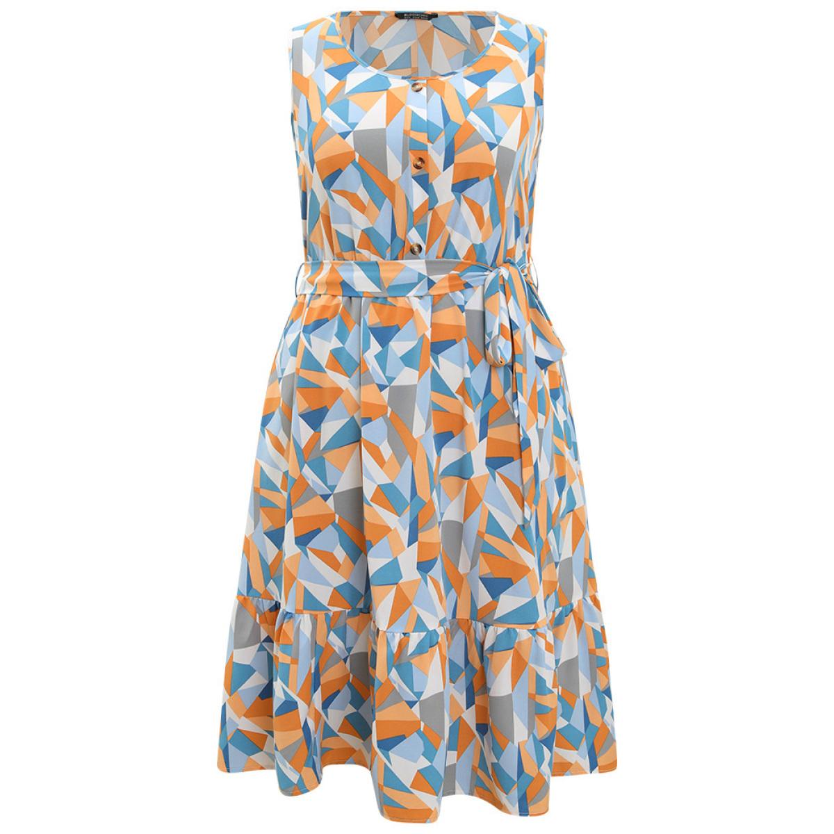 Plus Size Geometric Belt Ruffle Hem Pocket Button Detail Tank Dress Multicolor Women Elegant Contrast Round Neck Sleeveless Curvy Knee Dress BloomChic 26/4X Product Image