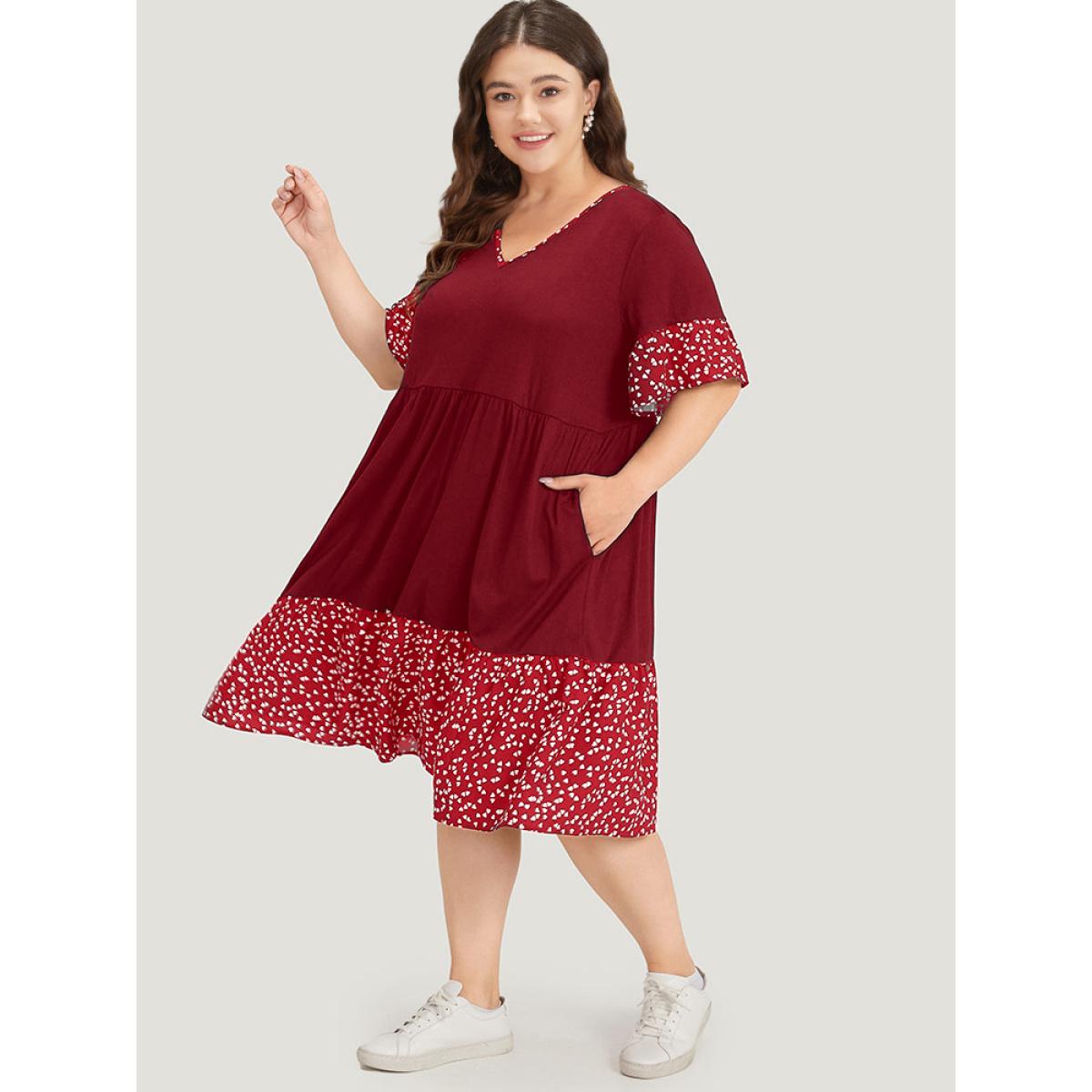 Plus Size Supersoft Essentials Heart Print Patchwork Flutter Trim Dress Crimson Women Casual Gathered V-neck Short sleeve Curvy Midi Dress BloomChic 14-16/1X Product Image