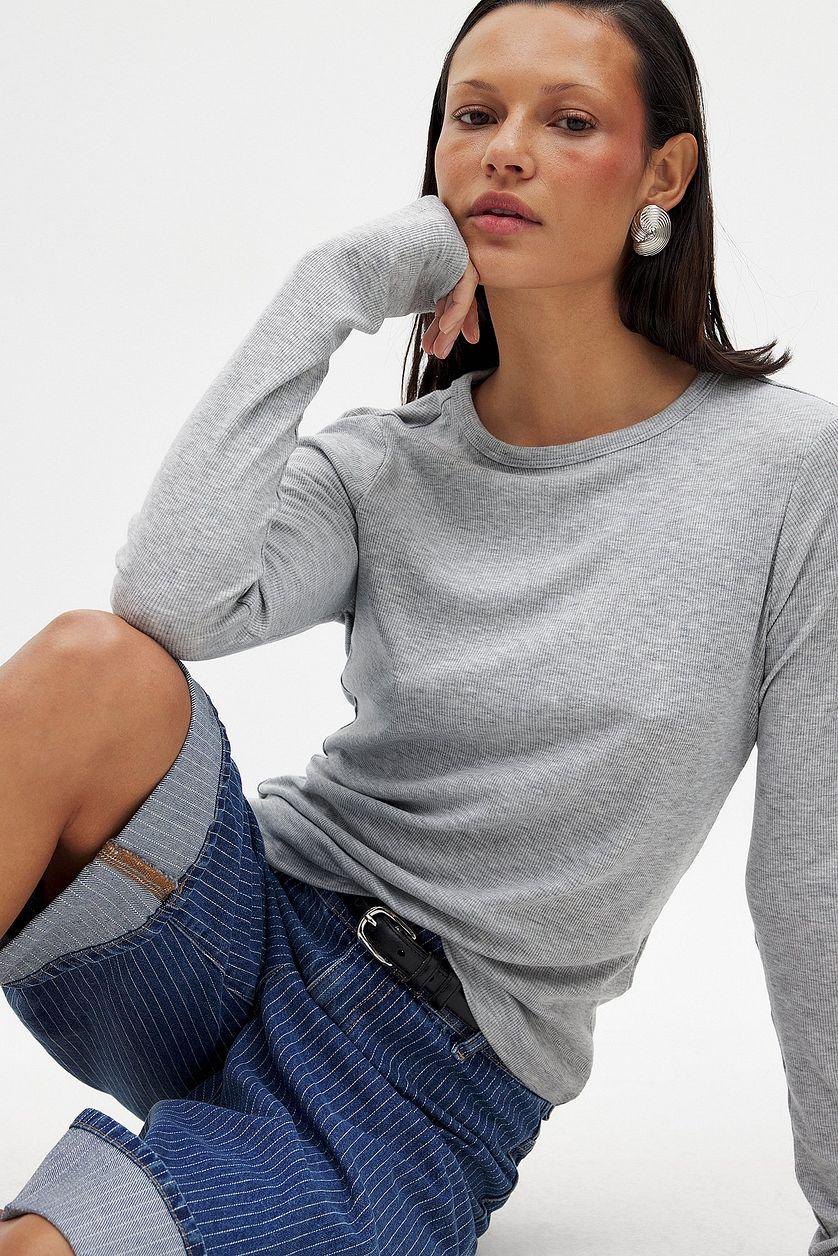 Round Neck Rib Long Sleeve Top Product Image