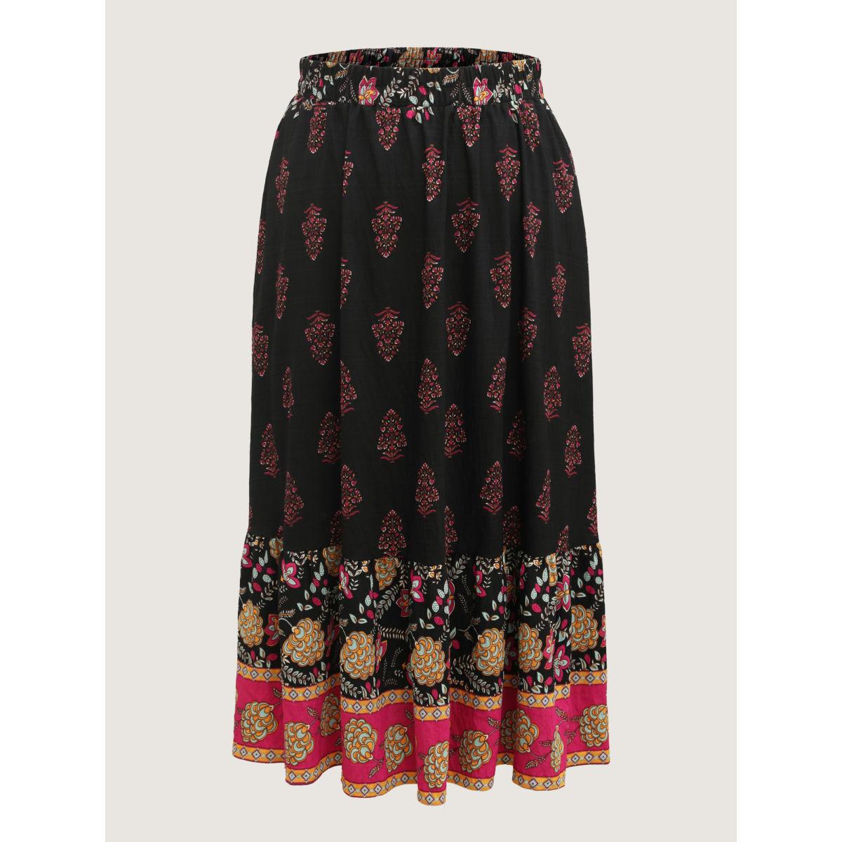 Plus Size Boho Floral Waist Stretchy Midi Skirt Women DarkGray Resort Bodycon Low stretch Side seam pocket Vacation Skirts BloomChic 10/M Product Image