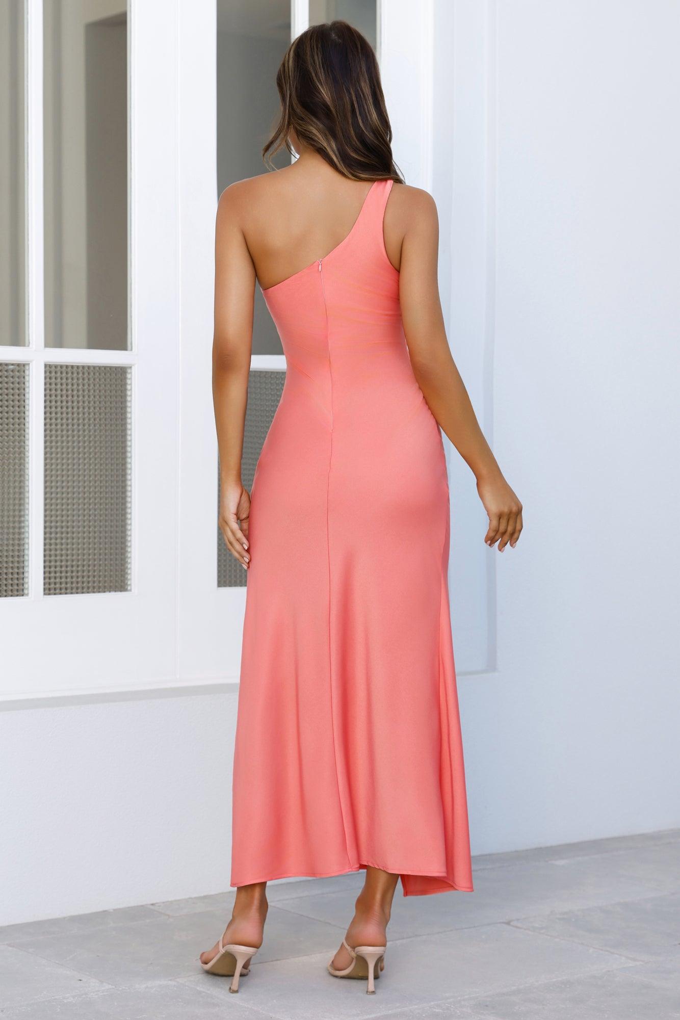 Satin Statement One Shoulder Maxi Dress Coral Product Image