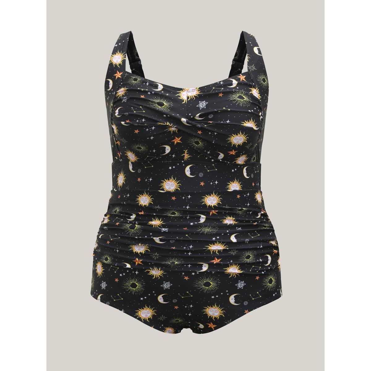 Plus Size Celestial Print Ruched One-Piece Swimsuit Women's Swimwear Black Beach Twist Curve Bathing Suits High stretch One Pieces BloomChic 14-16/1X Product Image