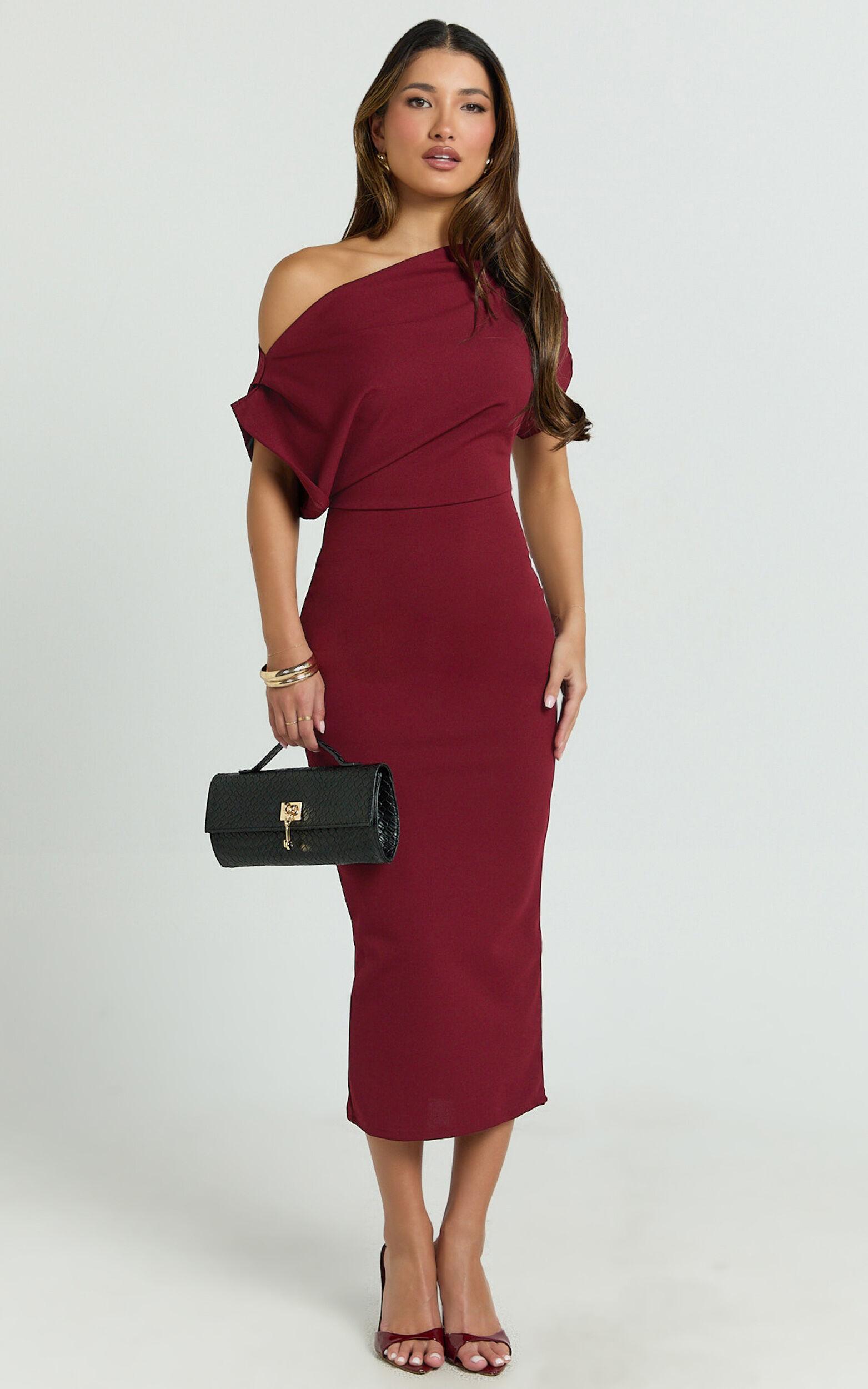 Nalfie Midi Dress - Tipped Shoulder Jersey Drape Dress in Wine Product Image