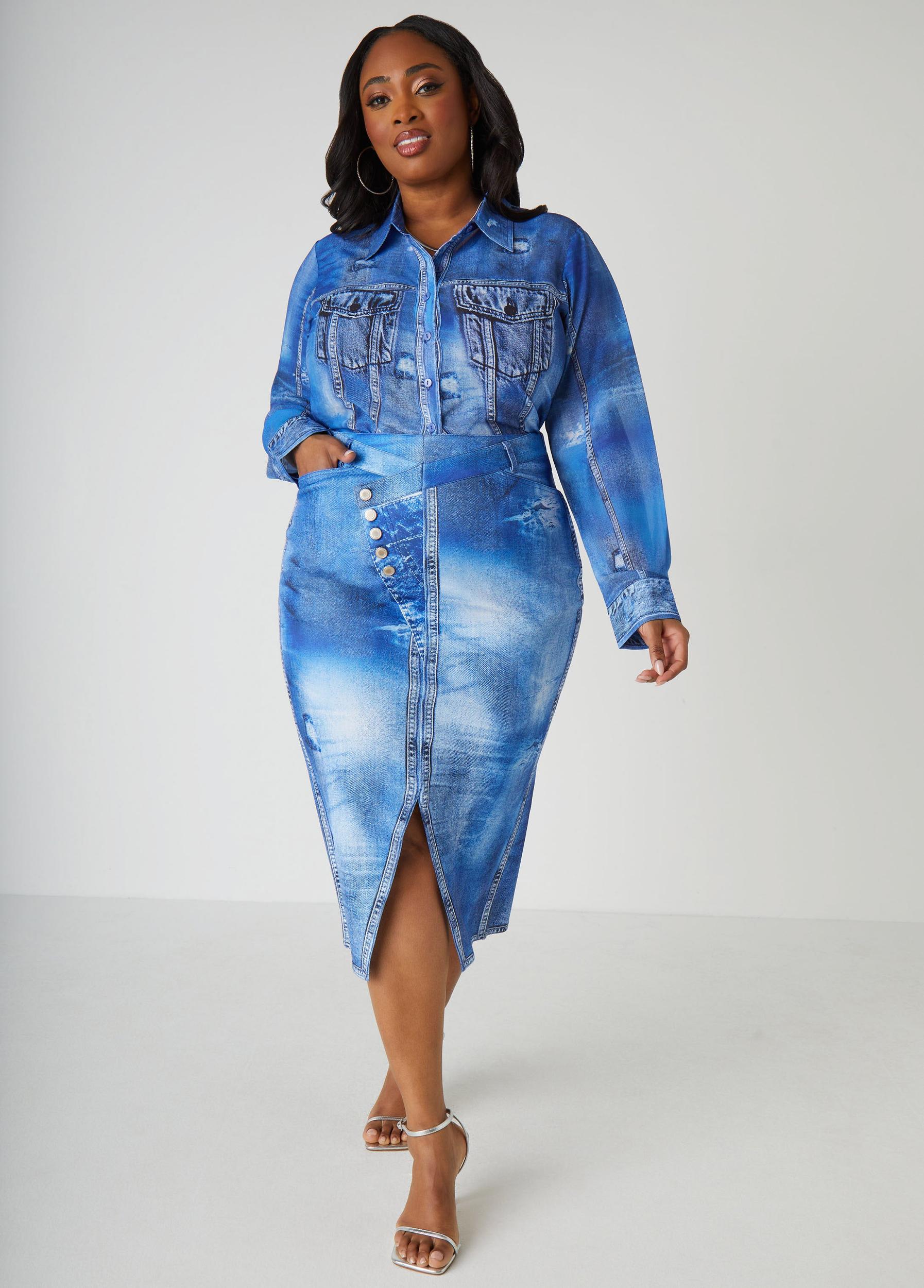 Plus Size Denim Print Shirt Ashley Stewart Product Image