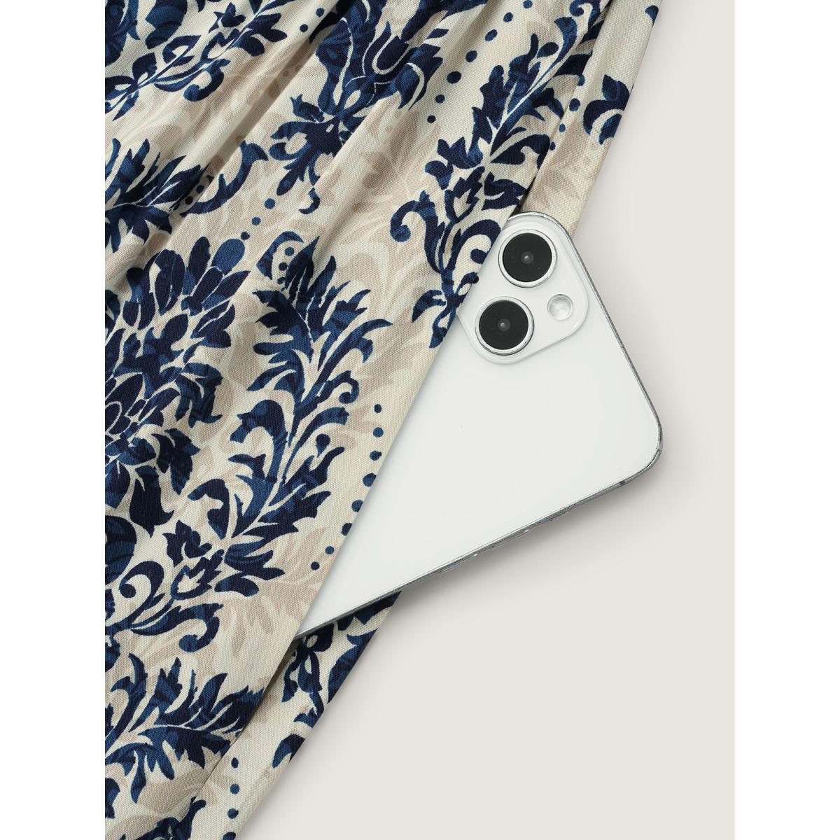 Plus Size Boho Print Notched Tie Knot Maxi Dress DarkBlue Women Boho Tie knot Flat collar with V-notch Long Sleeve Curvy BloomChic 30/6X Product Image