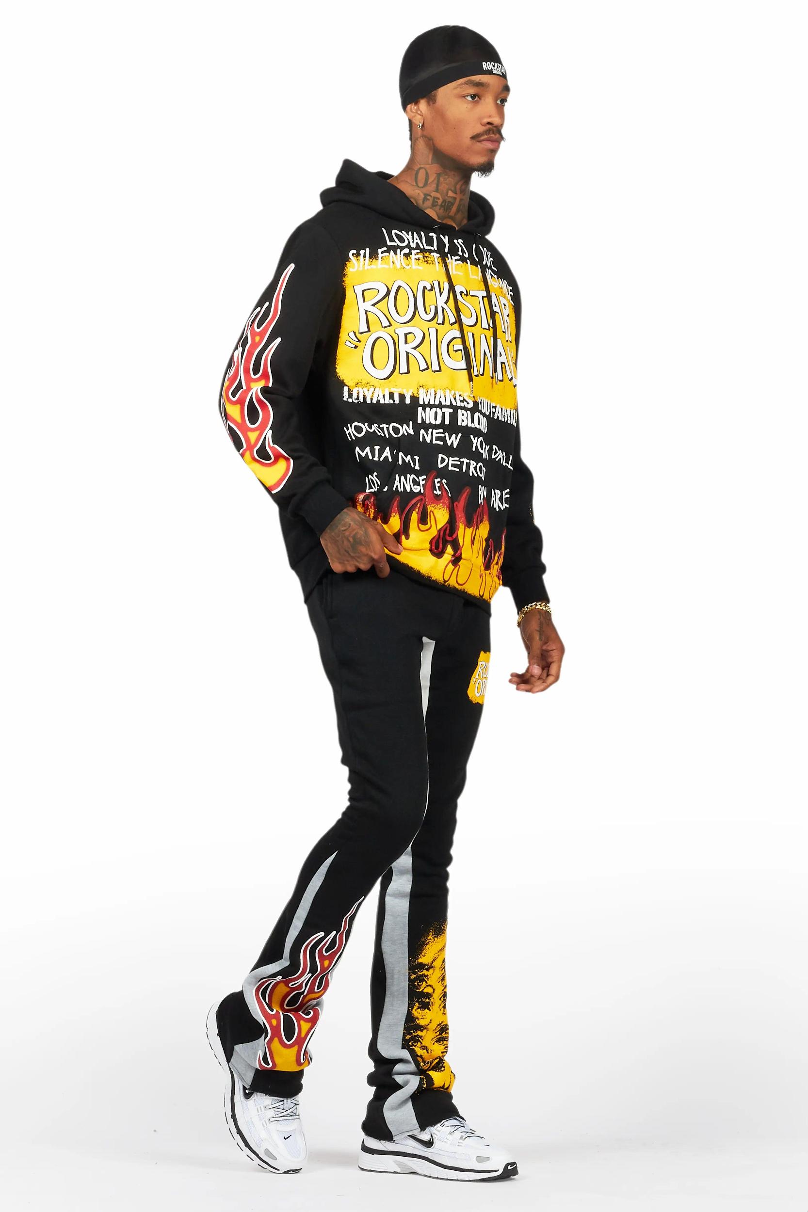 Beno Black/Yellow Stacked Flare Hoodie Track Set Male Product Image