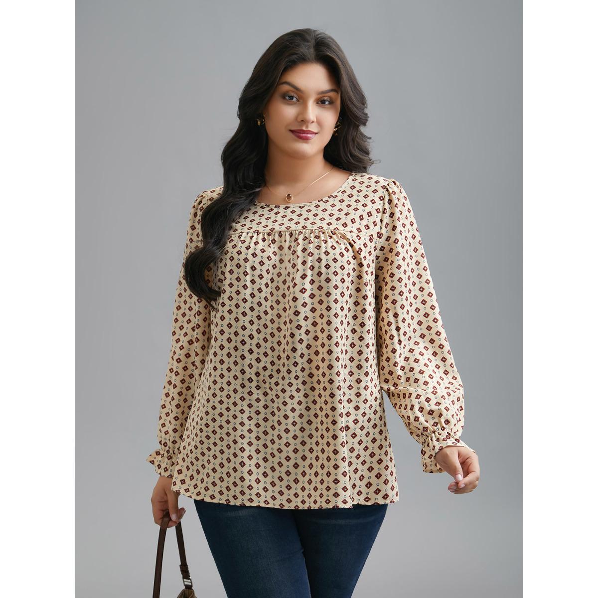 Plus Size Apricot Round Neck Geometric Print Pleated Blouse Women At the Office Long Sleeve Round Neck Office Blouses BloomChic 12/L Product Image