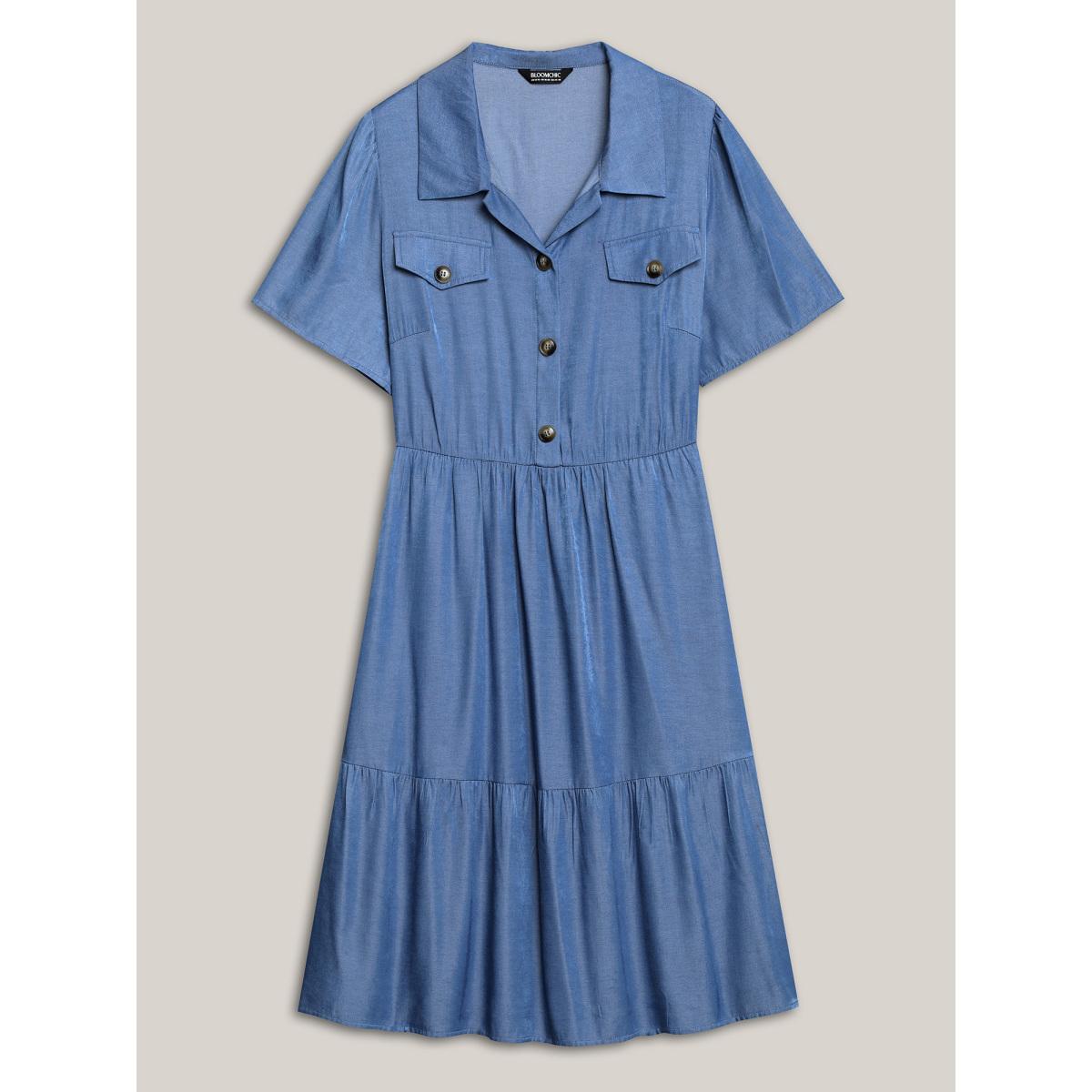 Plus Size Fake Denim Stretchy-Waist Placket Midi Dress LightBlue Women Casual Button Shirt collar Short sleeve Curvy BloomChic 10/M Product Image