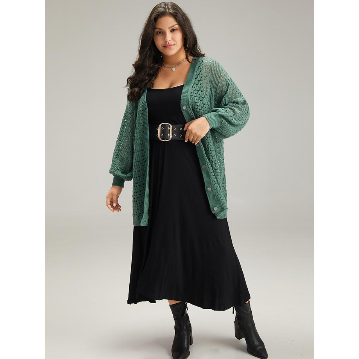 Plus Size Solid Hollow Out Button Through Cardigan Emerald Women Casual Loose Long Sleeve Dailywear Cardigans BloomChic 10/M Product Image